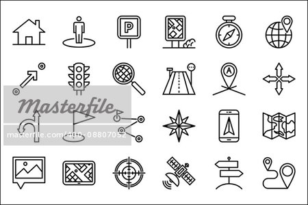 Navigation Thin Line Related Icons Set on White Background. Simple Mono Linear Pictogram Pack Stroke Vector Logo Concept for Web Graphics. Editable Stroke. 48x48 Pixel Perfect.