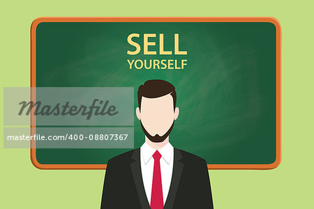 sell yourself illustration with businessman standing with chalkboard and text behind vector graphic illustration