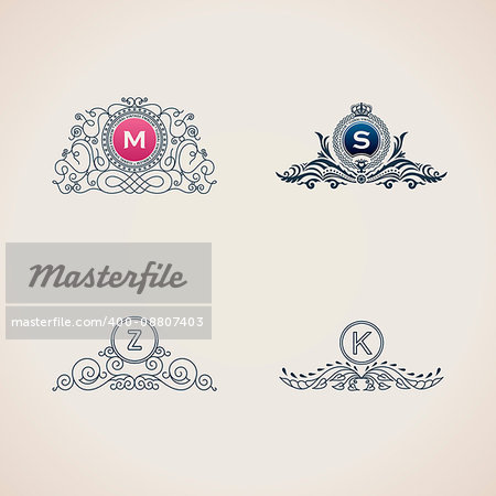 Calligraphic flourishes luxury monogram set. Line frame template logo for emblem. Patterns for design calligraphic menu, restaurant cafe, invitations, cards. Vintage vector line symbols M, S, Z, K Calligraphic flourishes luxury monogram set. Line frame template logo for emblem. Patterns for design calligraphic menu, restaurant cafe, invitations, cards. Vintage vector line symbols M, S, Z, K
