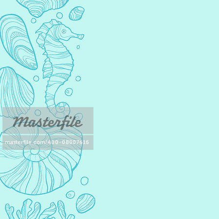 Background with seashells, rocks, seahorse and place for text. Turqurose color. Hand drawn style. Art vector illustration.