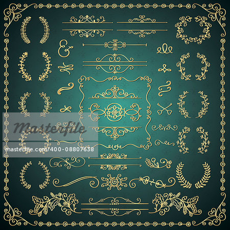 Golden Hand Drawn Sketched Decorative Vintage Design Elements. Royal Glossy Luxury Frames, Text Frames, Dividers, Floral Branches, Borders, Brackets. Vector Illustration