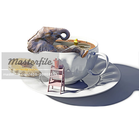 the cup of tea as the bathtub and elephant inside. Photo combination concept