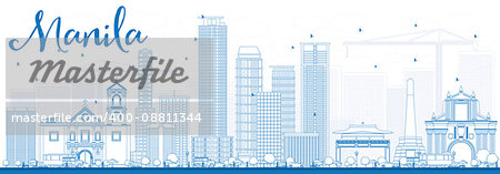 Outline Manila Skyline with Blue Buildings. Vector Illustration. Business Travel and Tourism Concept with Modern Buildings. Image for Presentation Banner Placard and Web Site.