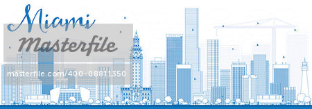 Outline Miami Skyline with Blue Buildings. Vector Illustration. Business Travel and Tourism Concept with Modern Buildings. Image for Presentation Banner Placard and Web Site.