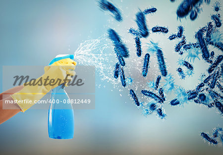 Housewife cleans determined with much cleaner spray to defeat the germs. 3D Rendering