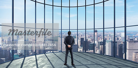 Businessman enjoys her professional success and watches the view over the city.  . 3D Rendering