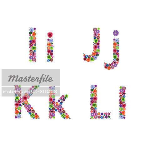 Alphabet part with many colourful flowery letters I, J, K, L isolated on the white background, vector artwork