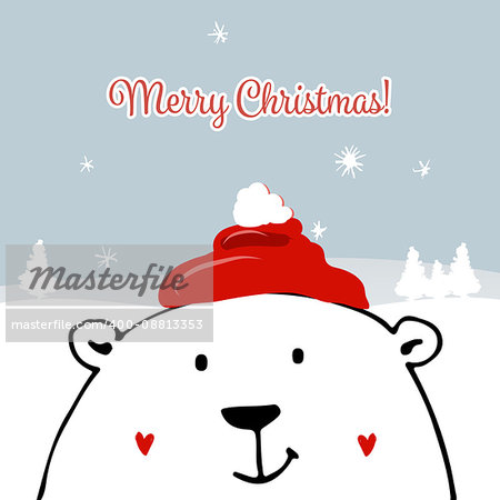 Christmas card with white santa bear. Vector illustration