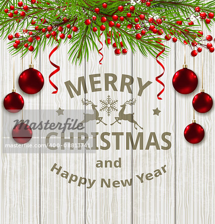 Christmas card with green fir branch and red decorations on a wooden background. Vector illustration. Merry Christmas lettering.