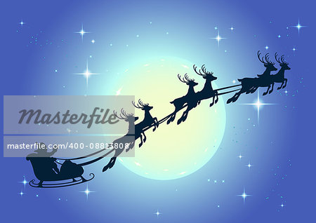 Santa Claus in sleigh and reindeer sled on background of full moon in night sky Christmas. Illustration for greeting card