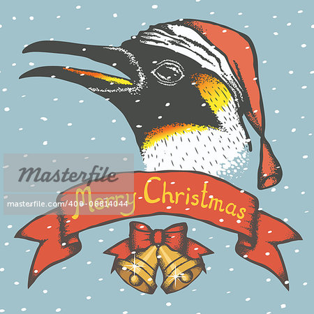 Penguin vector illustration. Illustration of cute antarctic penguin. Christmas Penguin vector in Santa hat. Inscription Merry Christmas and snow