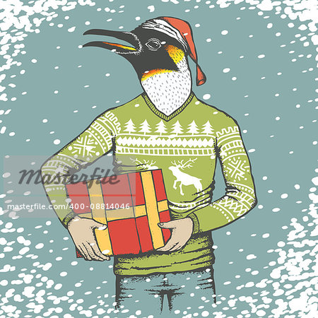Christmas penguin vector illustration. Penguin in human suit with gift. Christmas Penguin vector in Santa hat