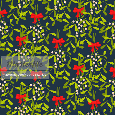 Mistletoe branches seamless vector pattern. Traditional plant tied with red bow. Green dense leaves on blue background.