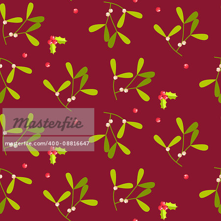 Mistletoe plant seamless vector pattern. Christmas decor green plant on bred background.