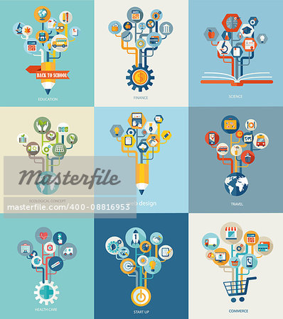 Abstract trees with icons for web design, Vector web design concept, travel, finance, medical, ecology, start up, commerce,education and science concept - icons and sign in flat style.