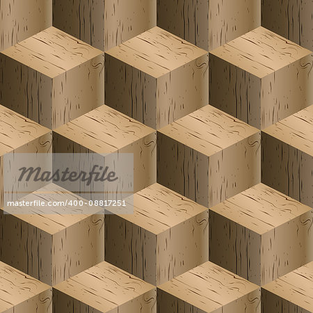 Abstract background, seamless pattern of isometric cubes, repeating wooden texture, vector illustration.