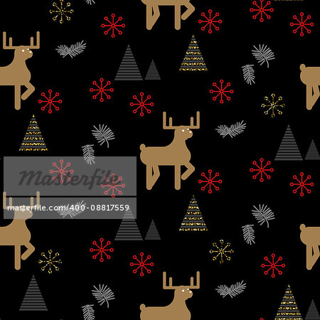 Black and gold deer in a forest seamless vector pattern. Winter snowy night repeat background.
