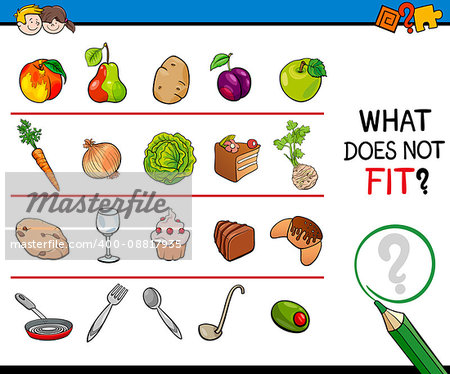 Cartoon Illustration of Finding Improper Image in the Row Educational Activity for Children with Food Objects