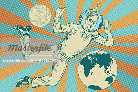 Businessman with telephone in space, pop art retro vector illustration. Earth and other planets