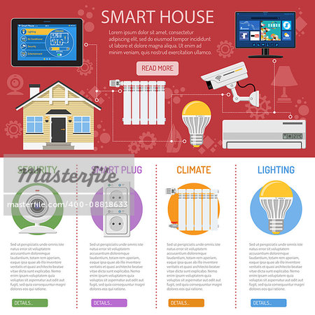 Smart House and internet of things infographics. tablet controls smart home like radiator, lighting security camera air conditioning and smart tv flat icons. vector illustration
