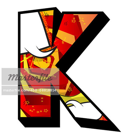 Letter K filled with comic book explosion, background.