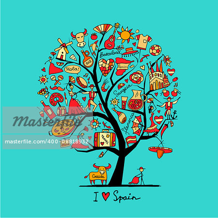 Art tree with spain symbols for your design. Vector illustration