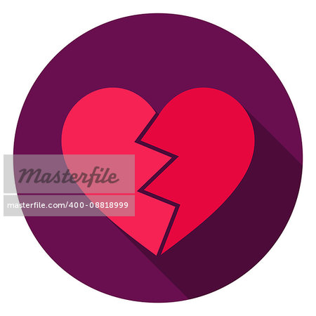 Broken Heart Circle Icon. Flat Design Vector Illustration with Long Shadow. Happy Valentine Day Symbol.