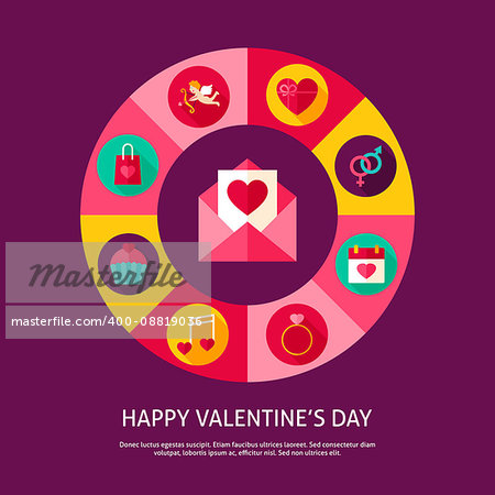 Happy Valentine Day Concept. Vector Illustration of Love Holiday Infographics Circle with Icons.