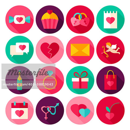 Happy Valentines Day Flat Icons. Vector Illustration. Love Holiday. Collection of Circle Items with Long Shadow.