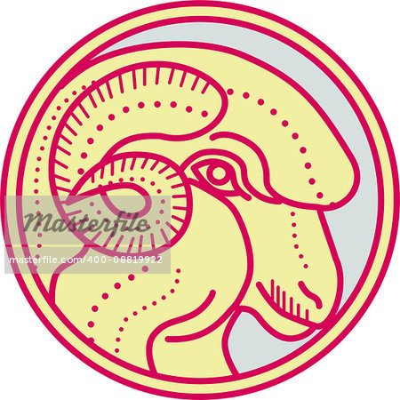 Mono line style illustration of a merino ram sheep head viewed from the side set inside circle on isolated background.