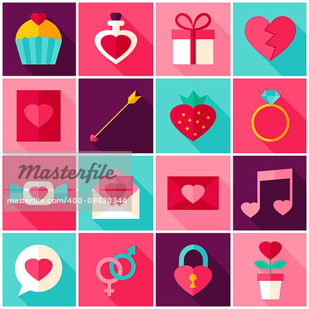 Valentine Day Colorful Icons. Vector Illustration. Love Holiday. Collection of Rectangle Items with Long Shadow.