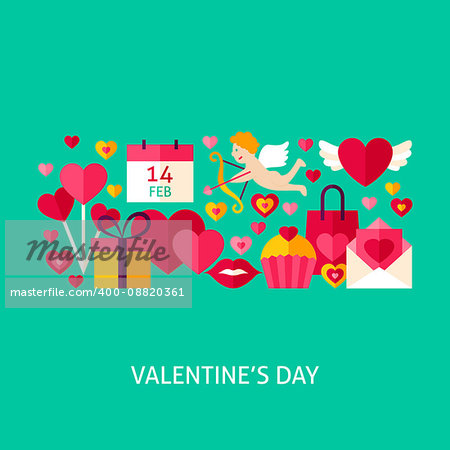 Valentines Day Greeting Poster. Flat Design Vector Illustration. Love Holiday Postcard.