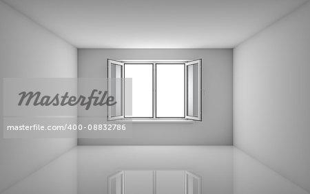 White room and open window. 3D illustration. Template for design