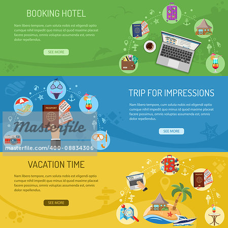Vacation and Trip Horizontal Banners with Flat Icons Planning, Passport, Cocktail and Bungalow. vector illustration