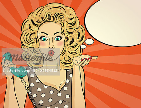 Surprised pop art woman chatting on retro phone . Comic woman with speech bubble. Pin up girl. Vector illustration.