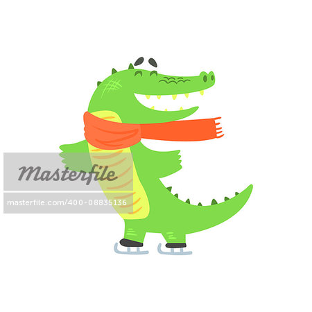 Crocodile Ice Skating, Humanized Green Reptile Animal Character Every Day Activity, Part Of Flat Bright Color Isolated Funny Alligator In Different Situation Series Of Illustrations