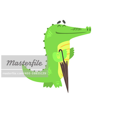 Crocodile Walkig With Closed Umbrella, Humanized Green Reptile Animal Character Every Day Activity, Part Of Flat Bright Color Isolated Funny Alligator In Different Situation Series Of Illustrations