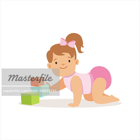 Girl In Nappy Playing With Blocks, Adorable Smiling Baby Cartoon Character Every Day Situation. Part Of Cute Infants And Toddlers Vector Illustration Series