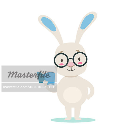 Clever Little Girly Cute White Pet Bunny Wearing Glasses Reading A Book, Cartoon Character Life Situation Illustration. Humanized Rabbit Baby Animal And Its Activity Emoji Flat Vector Drawing