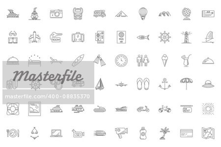 Travel Thin Line Related Icons Set on White Background. Summer Holidays, Vacation and Travel. Simple Mono Linear Pictogram Pack Stroke Vector logo Concept for Web. Editable Stroke. 48x48 Pixel Perfect