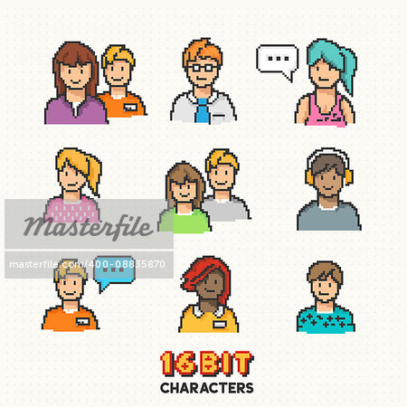 A collection of young adult characters in 16-bit graphics. Vector illustration