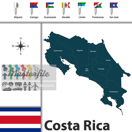 Vector map of Costa Rica with provinces with flags on white