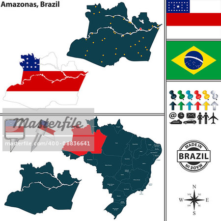 Vector map of region of Amazonas with flags and location on Brazilian map