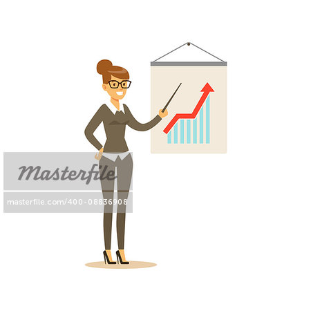 Marketing Specialist Doing Presentation, Business Office Employee In Official Dress Code Clothing Busy At Work Smiling Cartoon Characters. Part Of Marketing And Management Series Of Vector Illustrations.