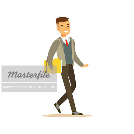 Businessman Walking Fith Folder, Business Office Employee In Official Dress Code Clothing Busy At Work Smiling Cartoon Characters. Part Of Marketing And Management Series Of Vector Illustrations.