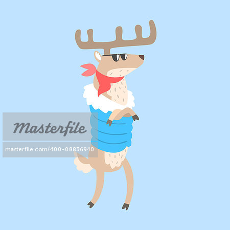 Moose Standing In Padded Coat, Arctic Animal Dressed In Winter Human Clothes Cartoon Character. Cold Region Fauna And Warm Clothing Funky Vector Illustration.