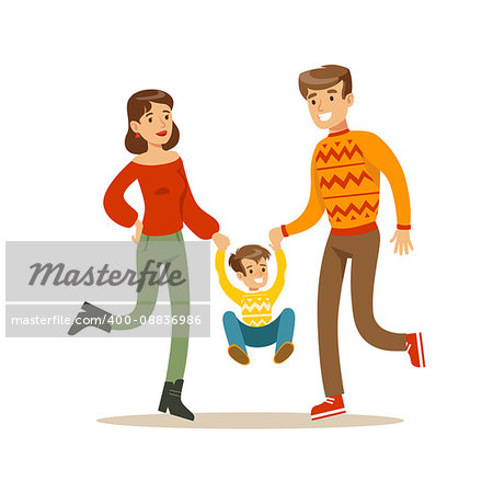 Parents Holding Hands With Kid, Happy Family Having Good Time Together Illustration. Household Members Enjoying Spending Time Together Vector Cartoon Drawing.