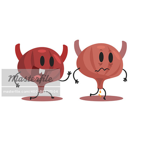 Bladder Human Internal Organ Healthy Vs Unhealthy, Medical Anatomic Funny Cartoon Character Pair In Comparison Happy Against Sick And Damaged. Vector Illustration Humanized Anatomic Elements.