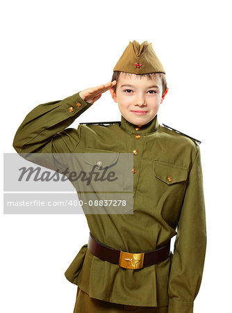 Portrait of young boy in Soviet military uniform isolated on white background