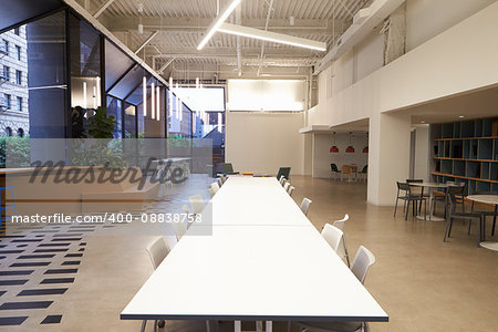 Tables and seating in an empty corporate business cafeteria